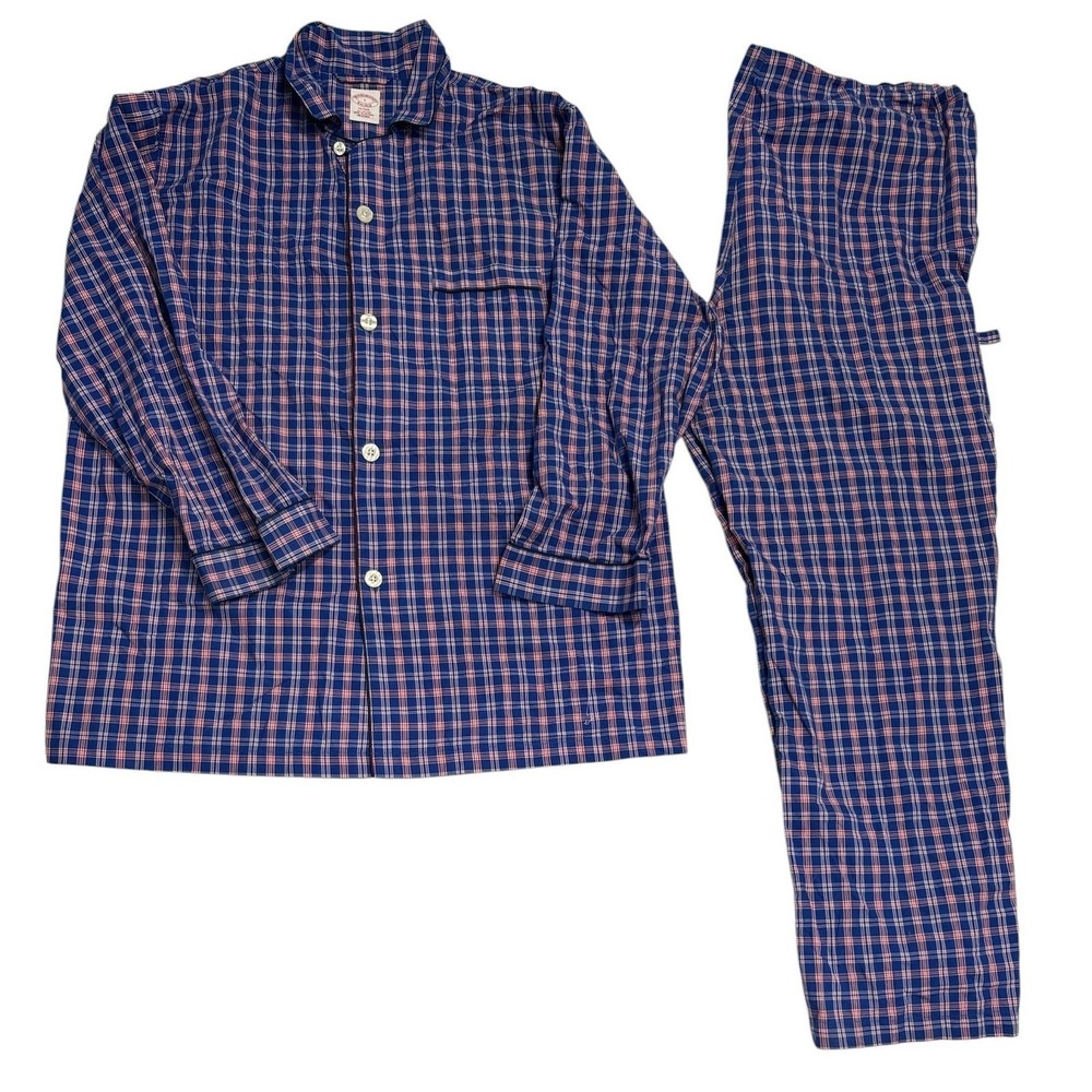Brooks Brothers Pajama Set Mens Large Blue Red Plaid Cotton Button Up Sleepwear